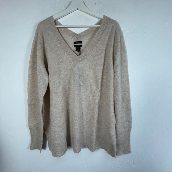 Halogen Womens V-Neck Sweater XXL Beige Oatmeal 100% Cashmere Pullover New $98 - Picture 1 of 7